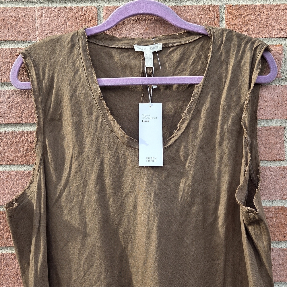 Eileen Fisher Frayed Organic Linen Shaped Tank Dress Pine Needle Brown XL - Picture 6 of 7